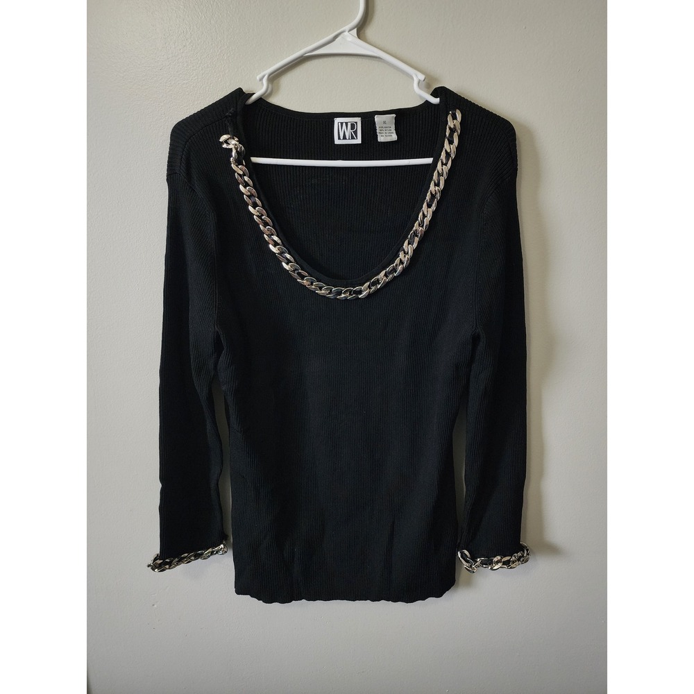 WR Sweater Size XL Womens Black Ribbed Knit Chain Neckline Long Sleeve Sweater
